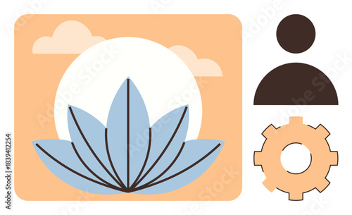 Blue lotus in front of a glowing sun with soft clouds, accompanied by a user icon and gear. Ideal for wellness, meditation, productivity, balance, mindfulness, leadership, and self-improvement