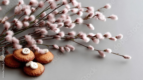   A group of white buttons sits beside colorful pink flowers on a gray background