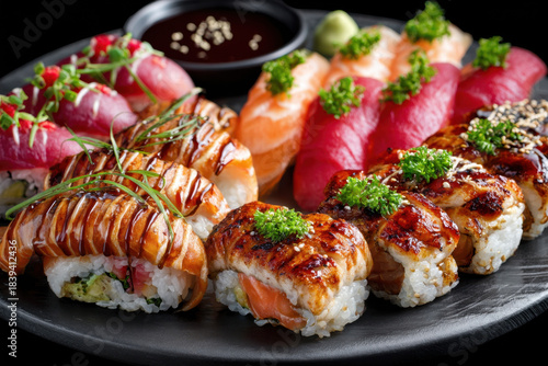 Wallpaper Mural Assortment of colorful sushi on a black plate Torontodigital.ca