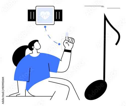 Woman adjusting health smartwatch to sync with music note, symbolizing fitness, health tracking, technology, and active lifestyle. Ideal for wearable technology, health, music, fitness innovation