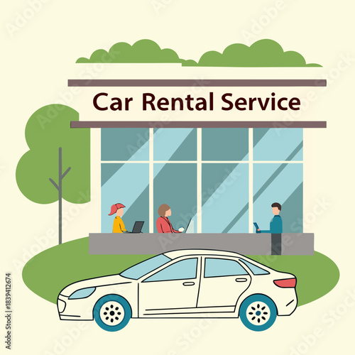 Car rental service concept with car and people
