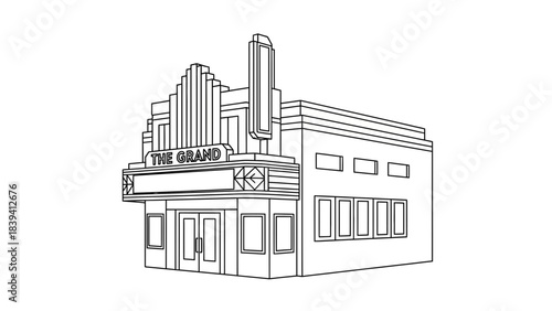 Art Deco Cinema Outline: A detailed black and white illustration of an Art Deco cinema exterior, showcasing its classic architecture and design. 