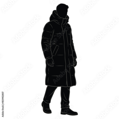 Man walking long parka coat silhouette profile view vector illustration