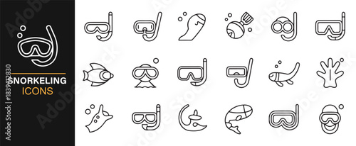 Outline vector icons showcasing essential snorkeling and underwater exploration equipment