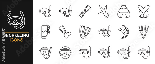 Minimal snorkeling and diving gear icon pack in clean line-art style for aquatic sports visuals