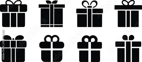 Collection of black gift boxes with ribbons and bows isolated on white background vector set