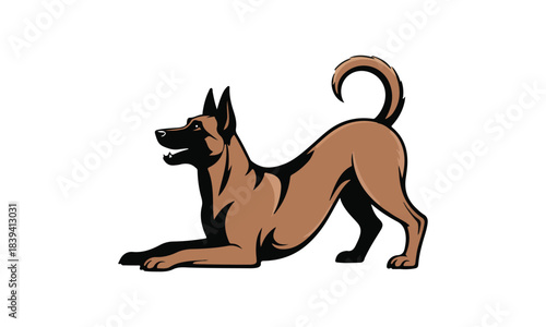 Belgian Malinois Dog Illustration, Playful Stretching Canine Art.