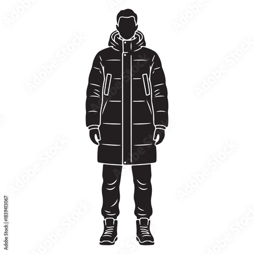 Long puffer coat man standing full length vector silhouette isolated