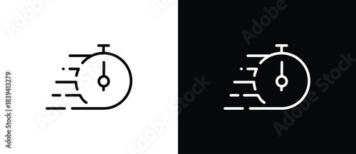 Timer icon line. Stopwatch icon with moving lines indicating speed and agility, fast time icon, countdown timer vector illustration isolated on transparent and black background. Editable stroke.