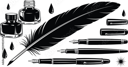Writing tools, silhouette, black and white, quill, fountain pen, ink bottle, nib, vintage, classic, elegant, artistic, minimal, traditional, graphi\