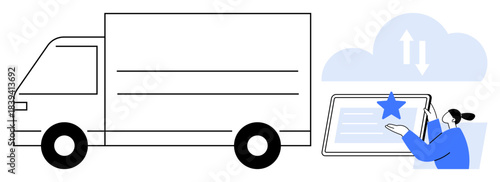 Logistics, delivery, digital tools, cloud computing, transportation, service management. A truck and a person interacting with a digital device with cloud and star icons. Logistics and delivery