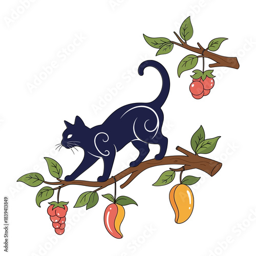 Mysterious dark cat with swirls navigates fruit laden branches against black background