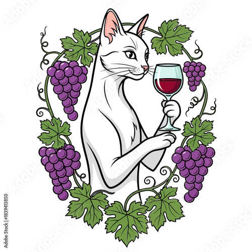 Elegant white cat sips red wine amidst lush purple grapes and greenery