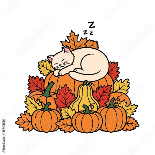 Cute cream colored cat sleeping peacefully on a pile of pumpkins surrounded by autumn leaves