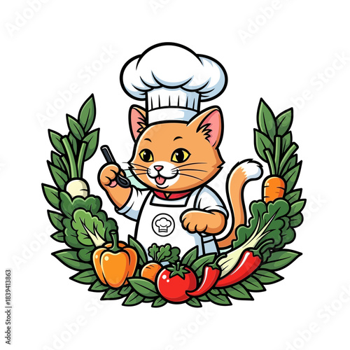 Cute chef cat surrounded by fresh vegetables and greens in a culinary emblem
