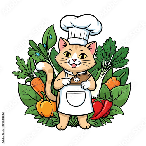 Adorable chef cat with fresh vegetables and cooking utensil on black background