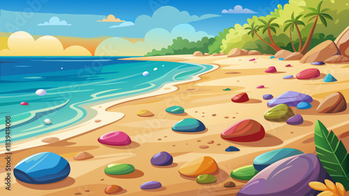 A tranquil beach composition showcasing multicolored pebbles scattered naturally across warm sand, capturing the beauty of nature’s colors and textures in a calming setting