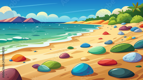 A tranquil beach composition showcasing multicolored pebbles scattered naturally across warm sand, capturing the beauty of nature’s colors and textures in a calming setting