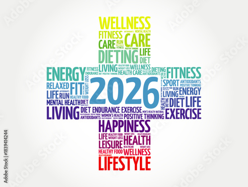 2026 surrounded by a wellness cross of words including fitness, care, diet, living, exercise, energy, health, lifestyle, happiness, relaxed, mental health, antioxidants, endurance, nutrition