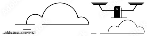 Aerial technology, delivery systems, remote control, automation, logistics, innovation. Minimalist ion of a quadcopter flying above cloud shapes. Aerial technology and delivery systems concept