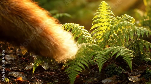 Forest Floor Ferns With Dew Drops Sunlight Rays Gleaming