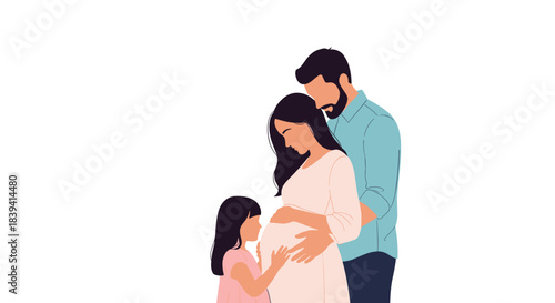 Loving family with a father and young daughter gently touching the pregnant mother's belly expecting a new baby sibling.