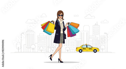Stylish woman with sunglasses carries many colorful shopping bags in a modern city with a taxi in the background illustration.