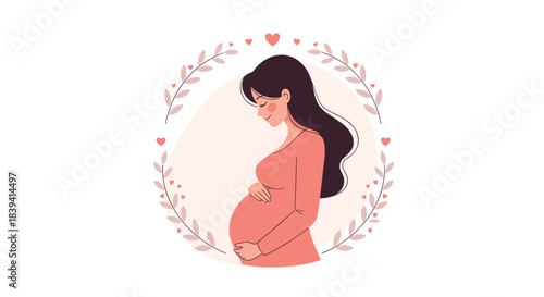 Beautiful pregnant woman smiling and holding her belly inside a lovely floral wreath with hearts illustrating motherhood.
