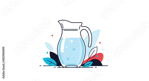Modern flat design illustration of a glass jug filled with fresh clean water surrounded by decorative abstract leaves.