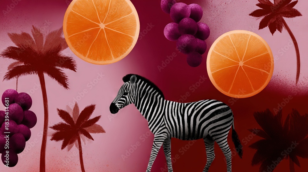 Naklejka premium A stunning painting of a majestic zebra standing before an array of succulent fruits, set against the backdrop of swaying palm trees and vibrant oranges