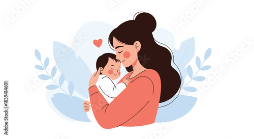 Loving mother tenderly holding her sleeping newborn baby with care and affection in a beautiful illustration of motherhood.