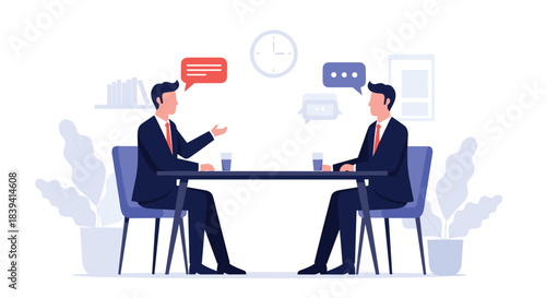 Two businessmen in formal suits having a conversation or a business negotiation while sitting at a table in the office.