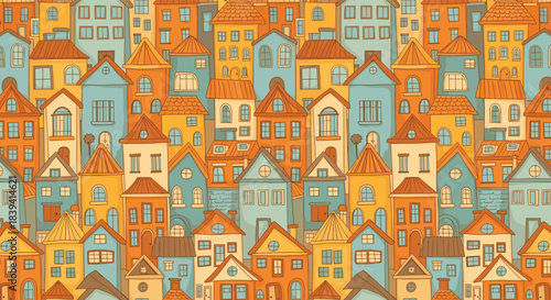 Seamless pattern with a dense collection of cute cartoon houses in a charming old European town creating a cozy cityscape.