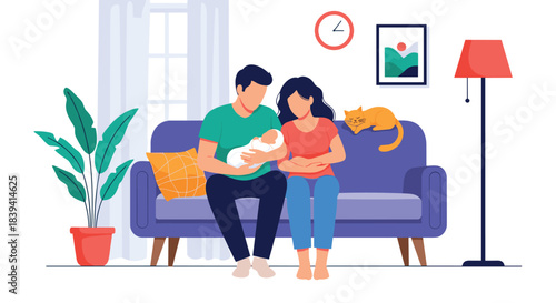Happy young couple sitting on a sofa in their cozy living room tenderly holding their newborn baby for the first time.