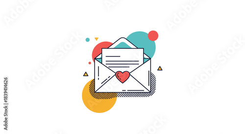 Open envelope containing a love letter with a red heart icon symbolizing romance communication and valentine's day message.