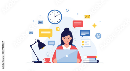 Busy woman multitasking at her desk working on a laptop while managing multiple emails chats and messages effectively.