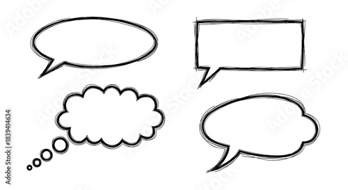 Set of four hand-drawn scribble style speech bubbles and thought clouds for comics dialogues and communication concepts.