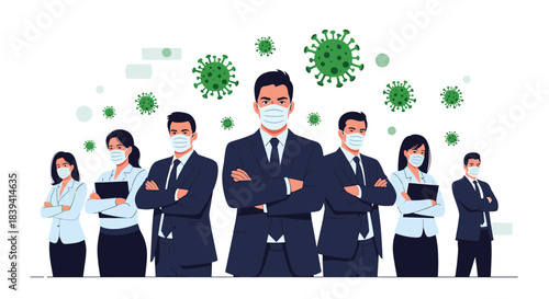 Business team of men and women wearing protective medical face masks and standing together to fight the coronavirus pandemic.