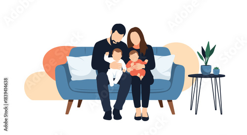 Young faceless couple sitting together on a blue sofa and lovingly holding their twin babies creating a modern family portrait.