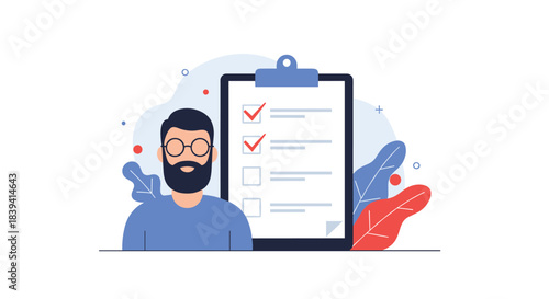 Young bearded man with glasses standing next to a large clipboard with a completed checklist for task management and planning.