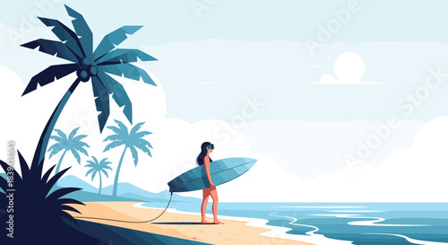 Young woman surfer with her surfboard standing on a sandy tropical beach and looking at the ocean waves before going surfing.