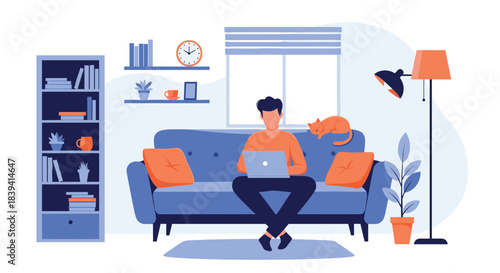 Young man working from home on his laptop while sitting comfortably on the sofa in his modern and cozy living room with a cat.