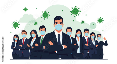 Large team of diverse business people wearing protective medical face masks to prevent coronavirus infection in the workplace.