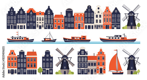 Set of traditional Dutch icons including classic Amsterdam canal houses windmills boats and ships for travel and tourism designs.