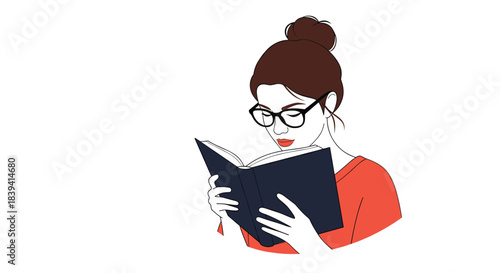 Smart young woman wearing glasses and a red sweater is completely absorbed in reading a captivating and interesting book.