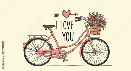 Romantic illustration of a vintage pink bicycle with a basket full of roses and an I love you message for valentine's day.