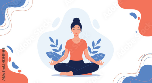 Peaceful young woman meditating in the lotus yoga pose for stress relief and mindfulness surrounded by plants and shapes.