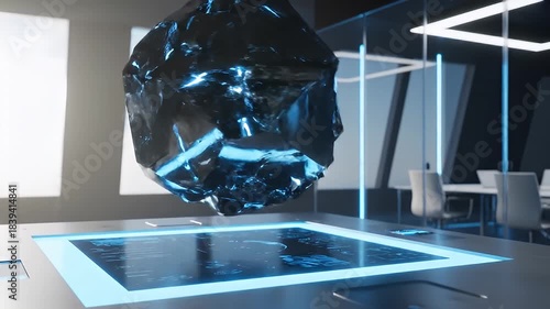 Futuristic Dark Crystal Object Floating Above Interactive Display Screen