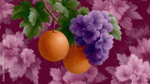   A painting featuring two oranges and a flower set against a backdrop of purple and pink blossoms, with accompanying foliage and flora