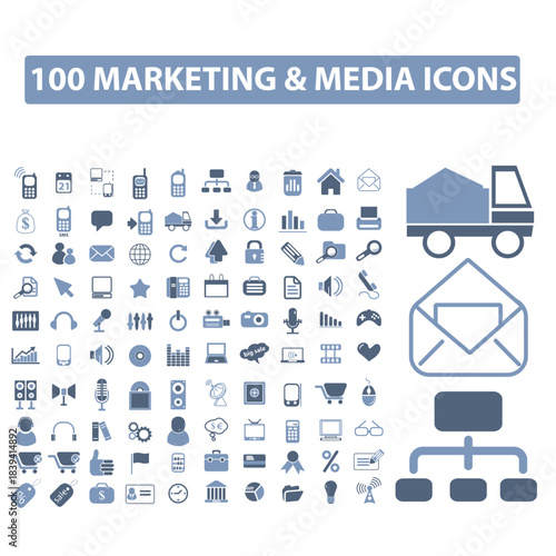 Icon set one hundred marketing and media icons set in blue tones set of icon